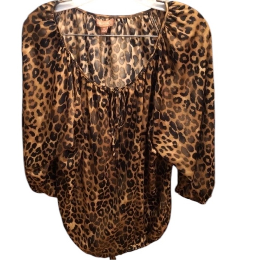 Ellen Tracy size 1X silky black & gold leopard print scoop neck peasant …
